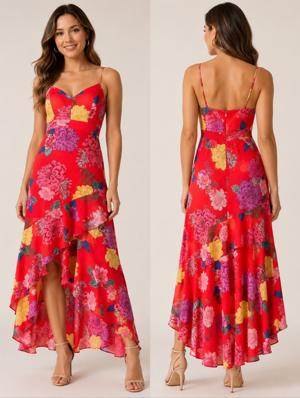 Guess Red Floral High-Low Maxi Dress